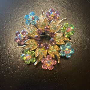 Gold Tone Colorful Floral Brooch Purple Green Blue Pink Rhinestones
